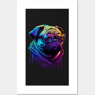 Synthwave/Retrowave neon PUG with Glasses Posters and Art